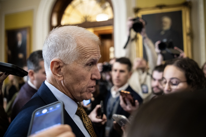 Sen. Thom Tillis speaks with reporters at the U.S. Capitol, on Jan. 28, 2026. | Francis Chung:POLITICO Sen. Thom Tillis speaks with reporters at the U.S. Capitol, on Jan. 28, 2026. | Francis Chung/POLITICO